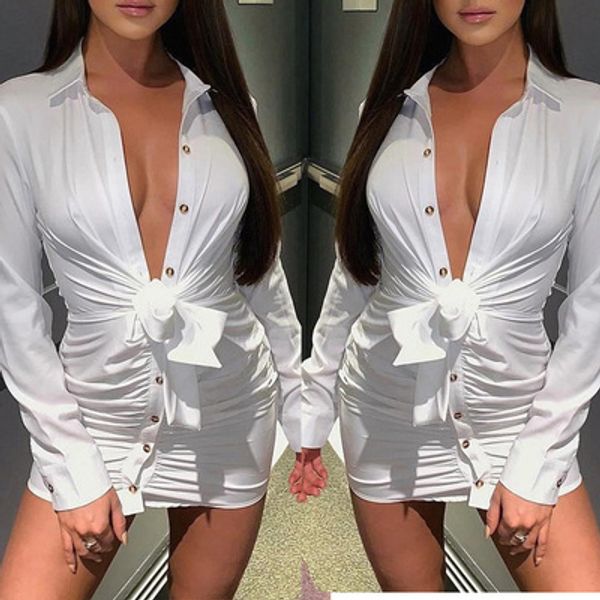 

new women pure white shirt casual wear button up turn dow collar long sleeve elegant fashion lace-up office lady blouse