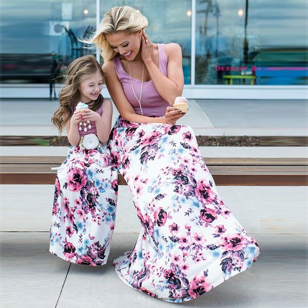 

mother daughter dresses fashion patchwork floral long dress mommy and me clothes vestido mae e filha family matching clothes, Blue