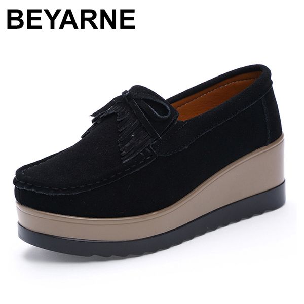 

beyarneautumn women platform shoes leather suede plush slip on sneakers chaussure woman tassel fringe loafers women shoese027, Black