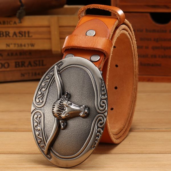 

big buckle punk style belt mens belts luxury full grain real leather 100% genuine leather cowboys without vintage, Black;brown
