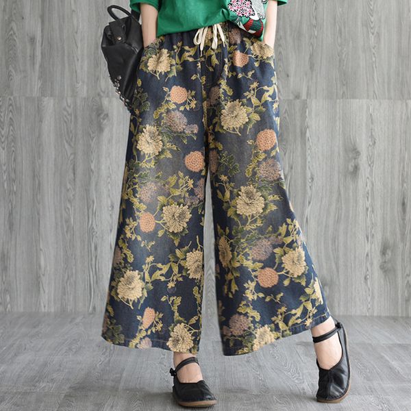 

brand wide leg pants female 2019 beautiful printing flower high waist jeans woman streetwear elastic waist loose casual pants, Blue