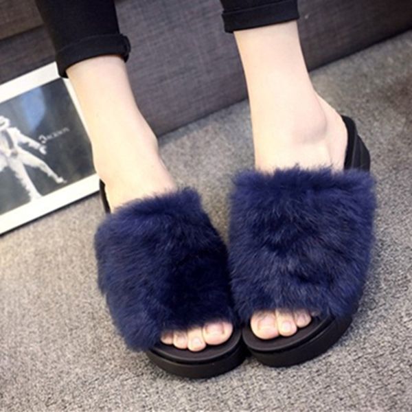

women flips flops 2018 winter warm fur shoes woman slippers fashion platform female slides shoes woman flat slippers women size8, Black