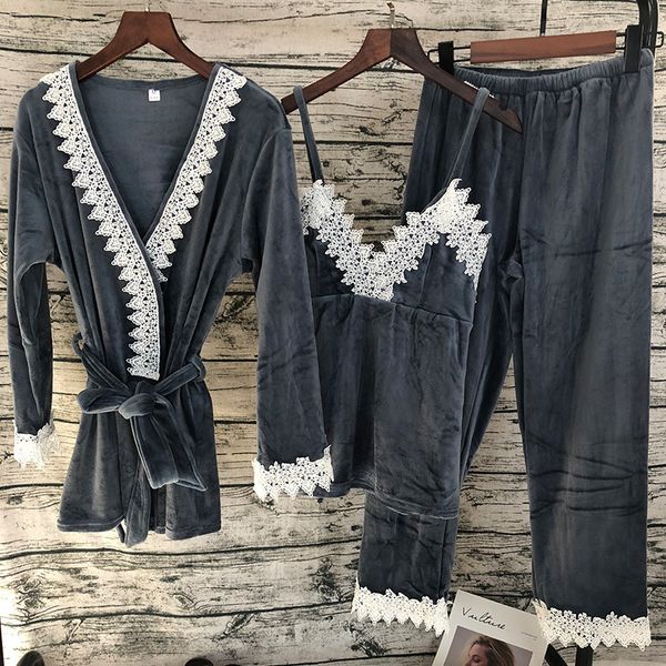 

осень мода остров бархат женщин 3 шт. пижамы наборы с длинным рукавом старинные сексуальные кружева пижамы feminino халат наборы домашней од, Blue;gray