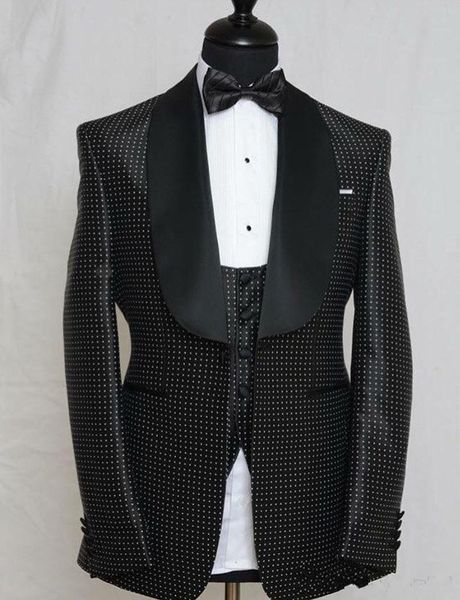New picture reale One Button nero a pois wedding sposo smoking scialle bavero groomsmen mens cena blazer abiti (giacca + pantaloni + vest + cravatta) 481