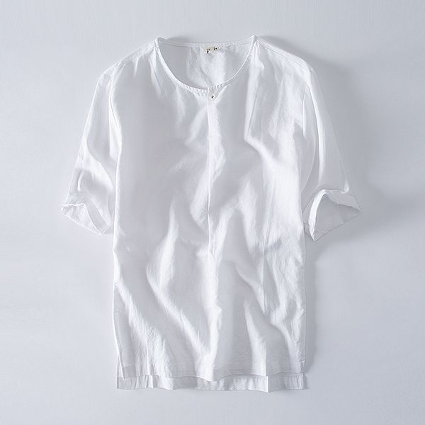 

men's short sleeve o neck casual t-shirts summer solid cotton linen slim fit tees men chinese style male tshirt ts-421, White;black