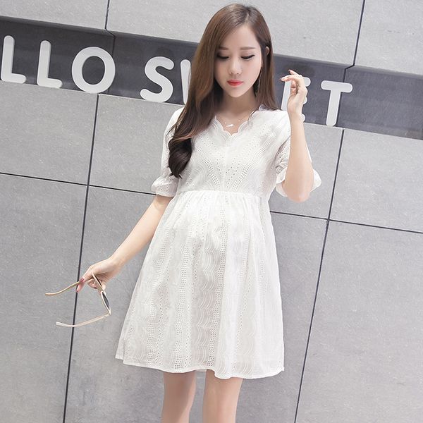 

2020 maternity dress for pregnant women lace embroidery summer dress short sleeve women dresses, White