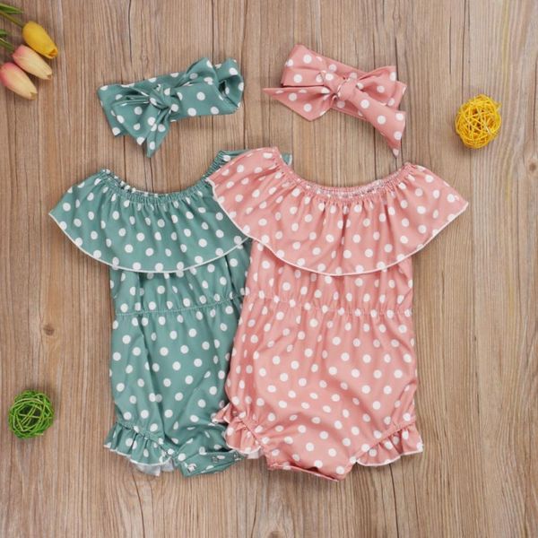 

2020 new summer ruffle romper 2pcs 0-24m infant baby girl playsuit dot print off shouler ruffle jumpsuit headband outfits, Blue