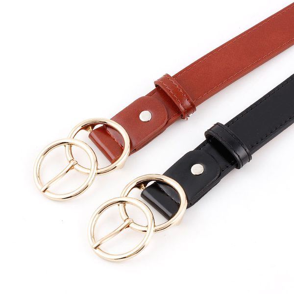 

new pattern casual eyelets pu leather belt for women female gold round pin buckle wide jean waist belt double loop pin buckle, Black;brown