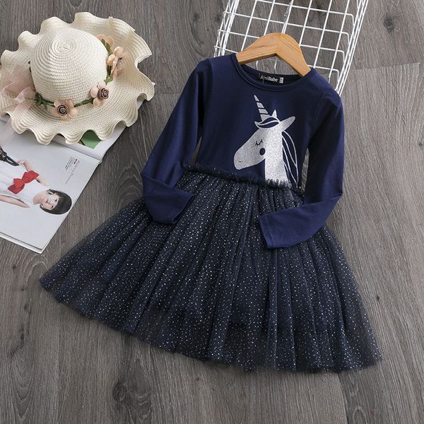 

girl long sleeve unicorn sequin dress spring and autumn cartoon tutu princess dress ins kids party costumes children clothing, Red;yellow