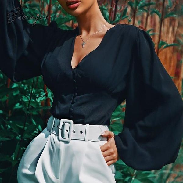 

women's blouses & shirts femajor autumn winter black v neck women and blouse 2021 female puff sleeve chiffon shirt lady high street bl, White