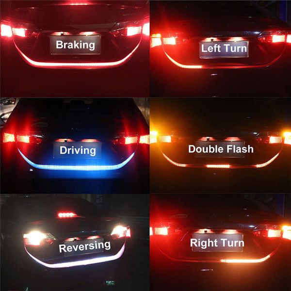 

car styling 4 color 1.2m 12v rgb flow type led car tailgate strip waterproof brake driving turn signal light