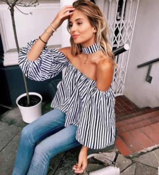 

spring slash neck t shirt women striped blusas bandage t-shirt women off the shoulder for women girls, White