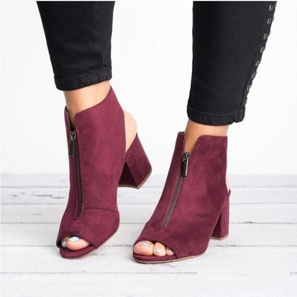 

ankle boots faux suede leather casual open peep toe high heels zipper fashion square rubber black shoes for women size 34-43