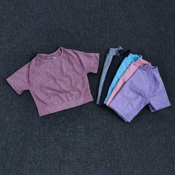 

women seamless yoga shirt fitness short sleeve crop workout gym clothes for women running sport t-shirts sportswear, White;red