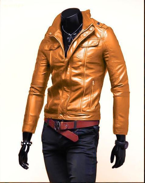 

ho 2019 casual men's leather jacket multi zippered collar motorcycle leather jacket, Black