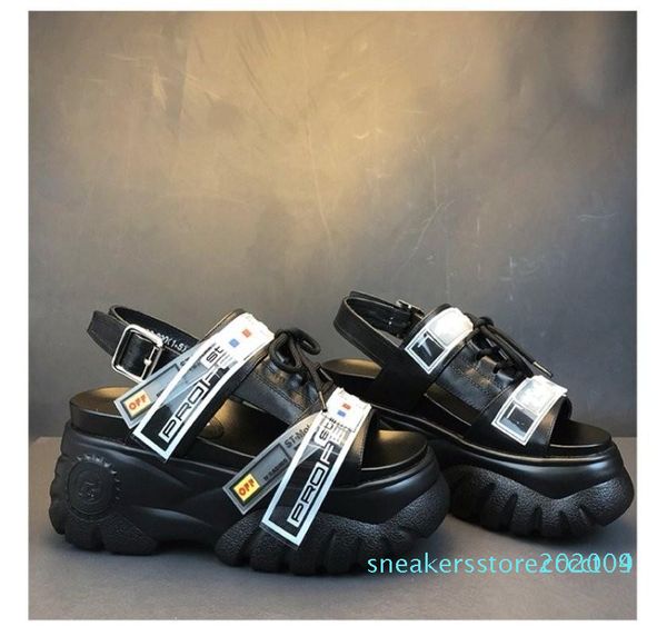 

summer chunky sandals women 8cm wedge high heels female buckle platform leather casual summer slippers woman sandal s09, Black
