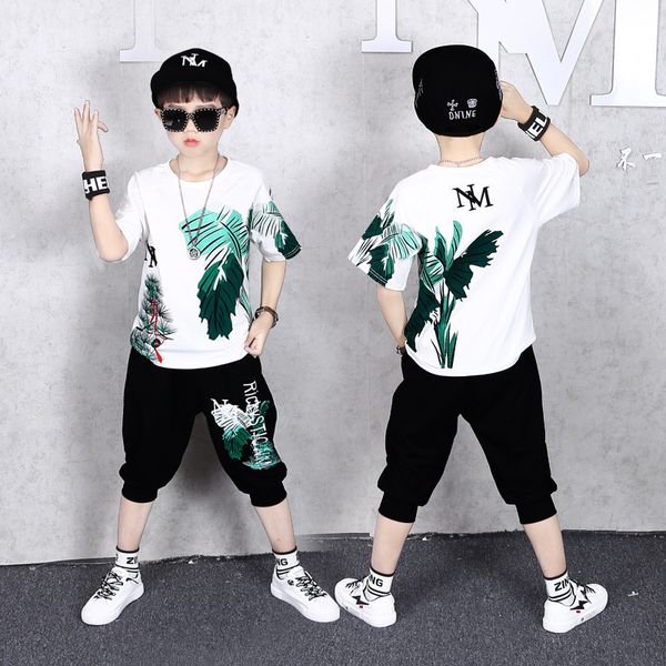 

2 pcs children summer clothes set boys t shirt + pants casual sports suits 6 8 10 12 13 14 years kids clothing casual tracksuit t200607, White