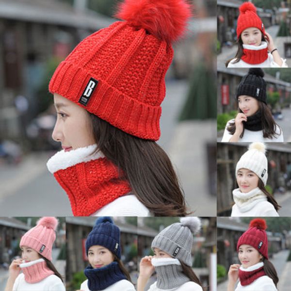 

2pcs women winter scarf hats set ladies girl knitted warm soft cotton bib scarves poncho beanies caps neck warmer ring, Blue;gray