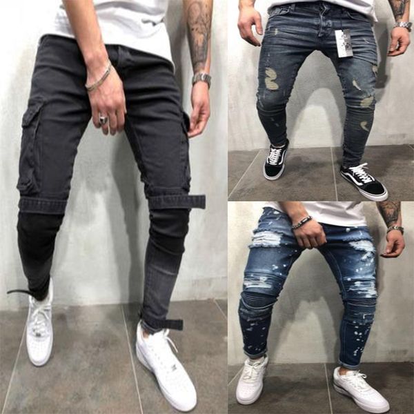 

REPPUNK 2018 new Men Slim Fit streetwear hiphop Fashion Knee Holes Distressed Denim Joggers Male elastic Skinny denim Pants