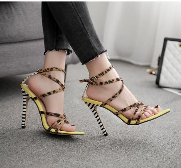 

2019 pink yellow striped leopard printed cross strappy high heels sandals designer luxury women slides size 35 to 40 lll, Black