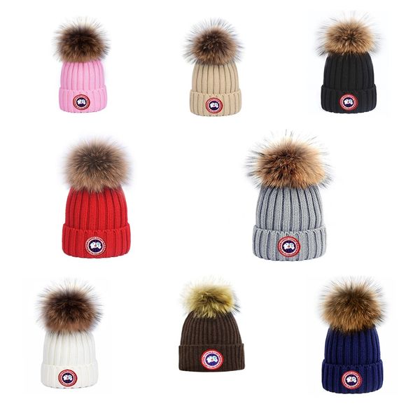 

lady pom pom beanie warm knitted skullies kids fur pompom hats women real raccoon fur pompon women winter bobble hat cap, Black;white