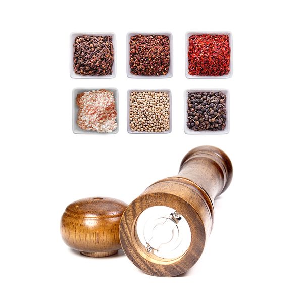 

5/8/10 inch oak wood manual spice mill grinder handheld pepper salt sesame black pepper seasoning mills grinder cooking bbq tool