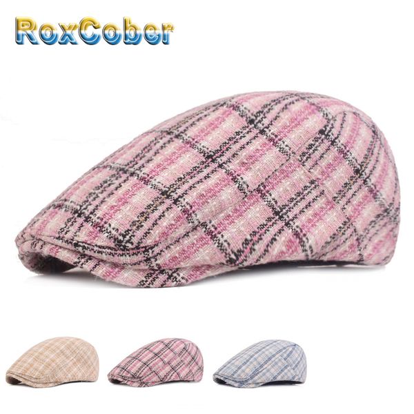 

roxcober] wholesale newsboy beret hat striped plaid flat ivy cap classic vintage beret cap for men women hat autumn winter, Blue;gray