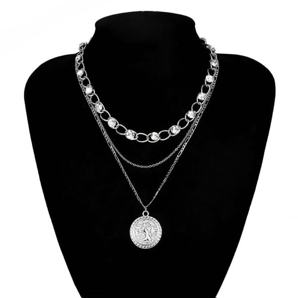 

crystal chain with coin pendant necklace for women 2020 statement multi layer necklace trendy jewelry female gift, Silver