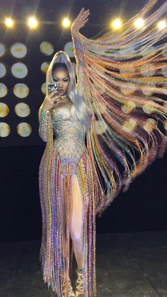 

сияющий rhinestone длинные рукава бахрома комбинезон sexy stage outfit день рождения празднуем танец кисточкой bodysuit леггинсы outfit, Black;white