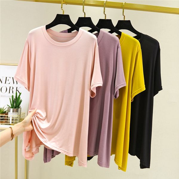 

modal short sleeve women's summer thin base large size round collar half sleeve loose home solid color jacket shirt shirt inner jacket, White