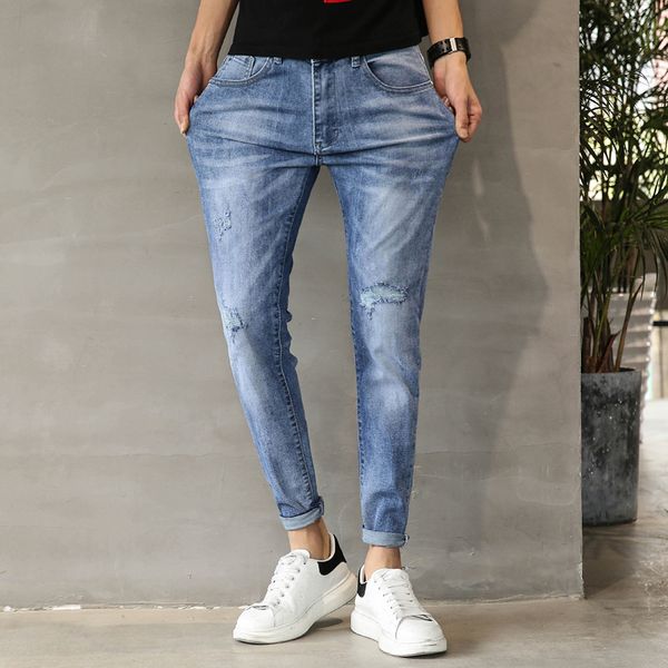 

long trousers men jean pencil pant elastic hole washed fashion street dress casual fashion hip hop washed youth men moownuc mwc, Blue
