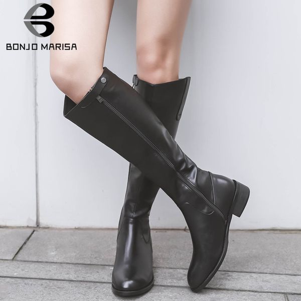 

bonjomarisa brand new lady concise genuine leather boots 2020 office low heel knee high boots women casual date shoes woman, Black