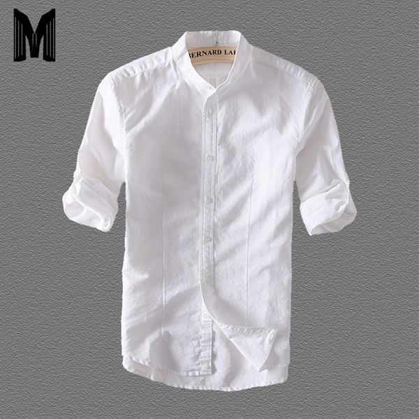 

100%linen men casual shirts solid white three quarter sleeve stand shirts y1710, White;black
