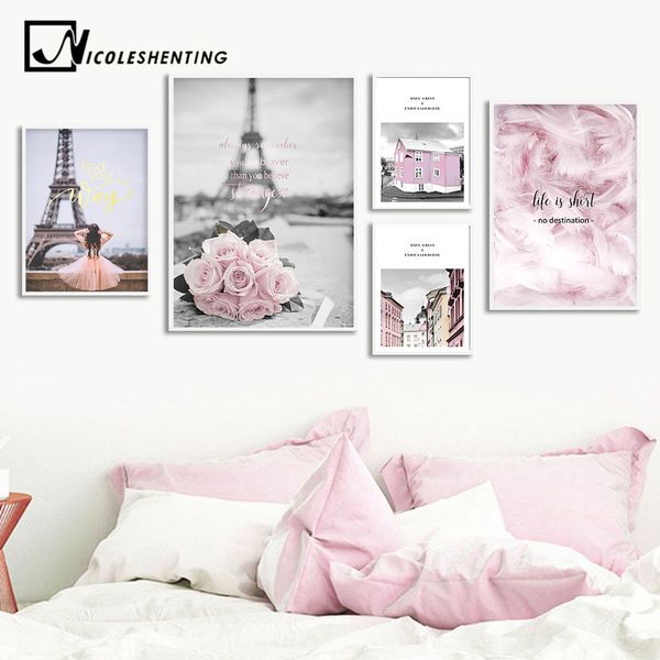 2019 Eiffel Tower Girl Wall Art Canvas Fashion Poster Pink City Landscape Print Painting Nordic Decoration Picture Living Room Decor From Georgen
