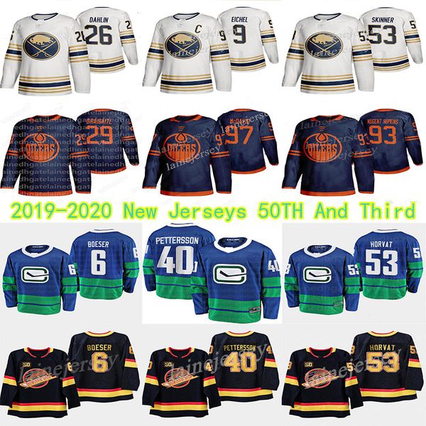 

edmonton oilers 2019-2020 third 97 connor mcdavid sabres golden 50th season third 9 jack eiche vancouver canucks 40 elias pettersson jerseys, Black;red