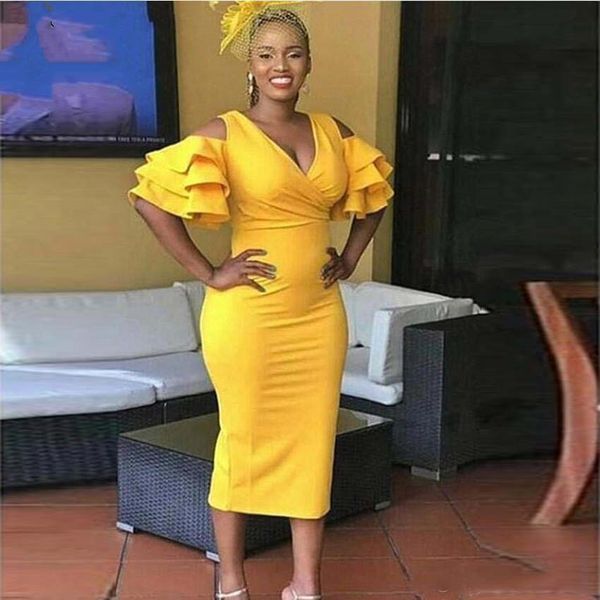 

yellow evening dresses ruffles tiered sleeves short sheath tea length 2020 fashion new prom party gowns customize plus size, Black;red