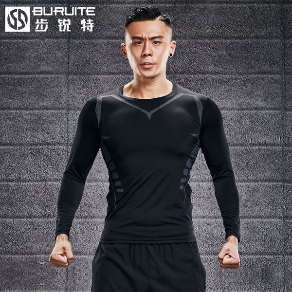 

tight men's long sleeve elastic quick drying sports t-shirt running suit gym training breathable sweat absorption, Black;blue