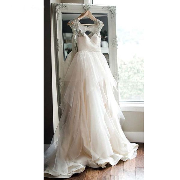 

New Beach Wedding Dresses 2019 Sexy V Neck Beaded Short Sleeves Ruffles Bridal Gowns Vestido De Noiva