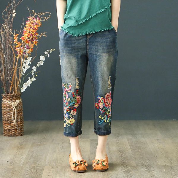 

summer capris vintage elastic high waist jeans woman embroidery lace up boyfriend ripped jeans women denim straight pants c4371, Blue