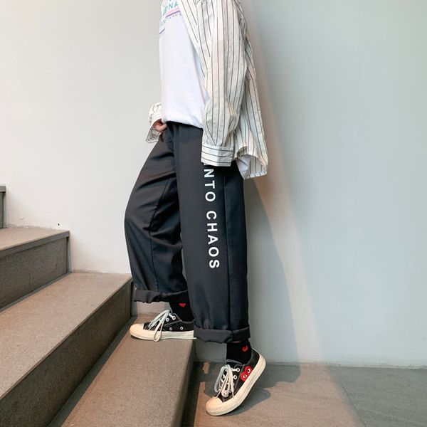 

2019 spring and autumn new men's youth popular low waist cotton loose printing fashion casual trousers black / gray s-2xl, White;black