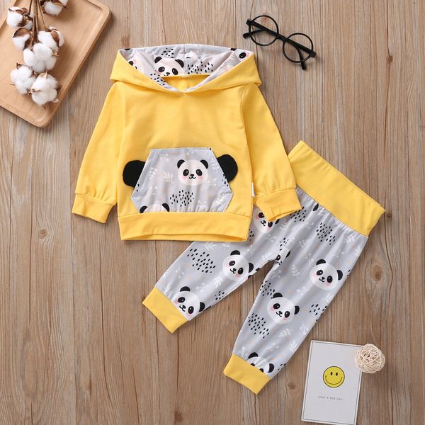 Chegada Nova roupa do bebê Define Rapazes Meninas Roupas Roupas Outono-Inverno Set Panda dos desenhos animados Imprimir com capuz manga comprida camisola + Pants 2piece Set