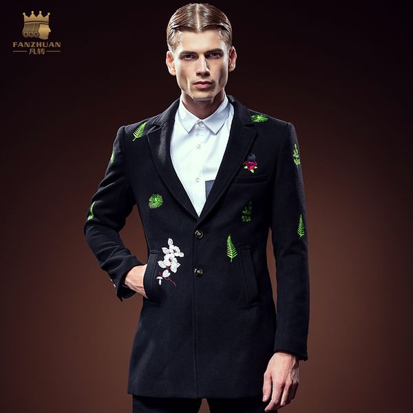 

new male men fashion fanzhuan long coat plant flowers plants embroidered winter coat 0051 outwear, Black