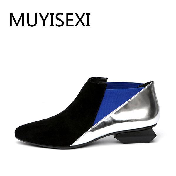 

ankle boots genuine leather pointed toe 3cm low heels slip-on women's boots mixed colors 34-41 x001 muyisexi, Black