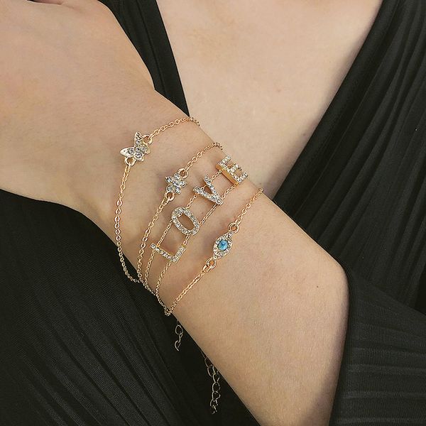 

trendy multilayer rhinestone eye butterfly letter love bracelets for women elegant geometric bracelets jewelry gift xr2214, Golden;silver