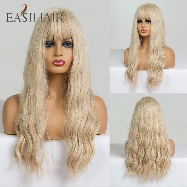 

easihair long vanilla blonde wave wigs with bangs synthetic glueless wigs for black women cosplay natural hair