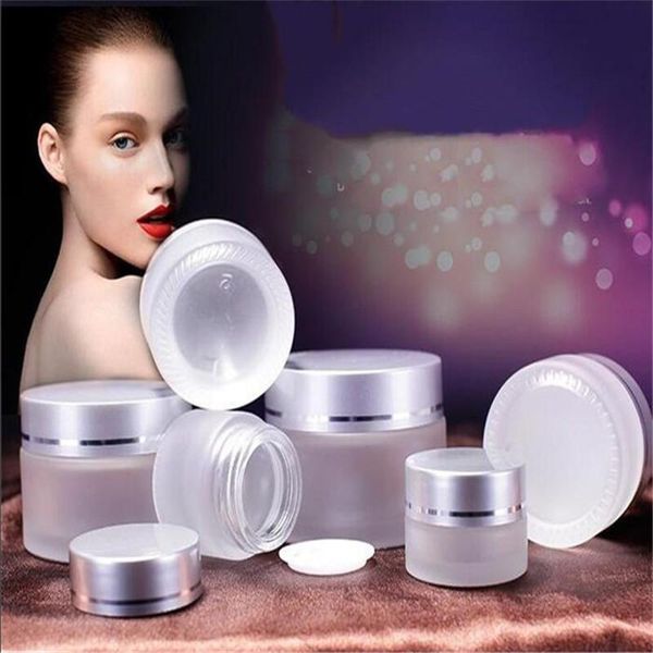 

15g frosted glass cosmetic jar empty face cream lip balm storage container refillable sample bottle with silver lids yth1636-15