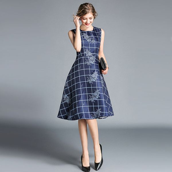 

blue floral plaid sleeveless tunic midi dress women elegant vintage sweet office party beach dress summer sundress clothing, Black;gray