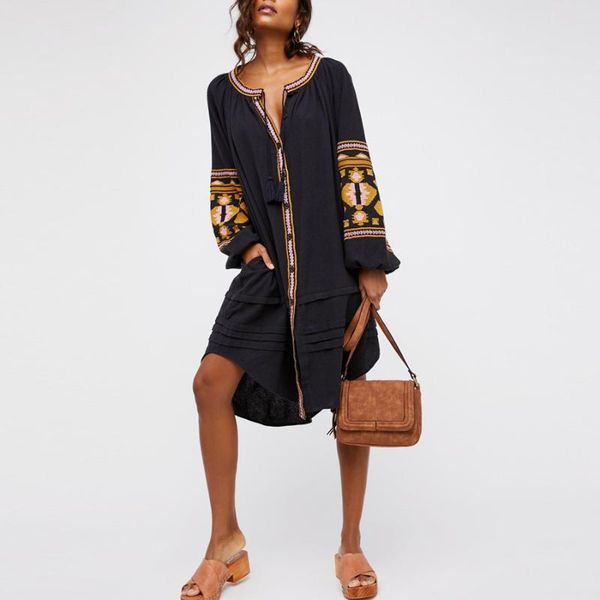 

boho dress 2020 autumn cotton floral embroidery large lantern long sleeve o-neck loose style long hippie brand women dresses, Black;gray