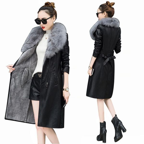 

зимний толстый теплый большой меховой воротник женские кожаные куртки pu женщин женщины шинель плюс размер тонкий лацкане пояс pu локомотив, Black