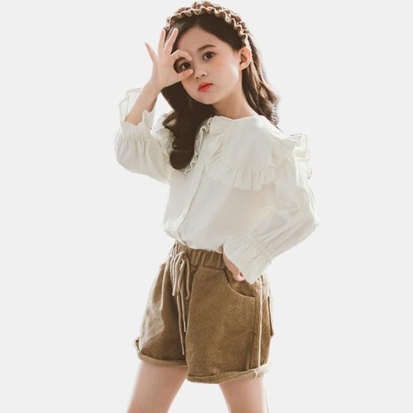 

children clothes corduroy blouse & shorts 2 pcs suit for girls peter pan collar girl clothes set casual spring for girls, White